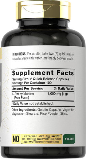 Carlyle L Phenylalanine 1000mg | 200 Capsules | Non-GMO and Gluten Formula | Form L-Phenylalanine Supplement