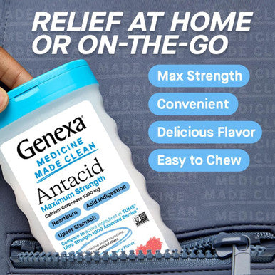 Genexa Antacid Maximum Strength Chewable Tablets | Calcium Carbonate Acid Reducer Relief for Heartburn Acid Indigestion & Upset Stomach | Delicious Organic Berry Flavor | 72 Tablets