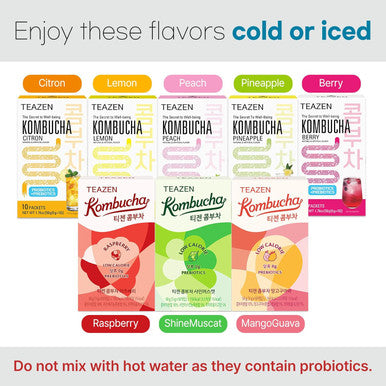 Teazen Kombucha 5 Flavors 150 Sticks Variety Pack Kombucha Lemon Peach Berry Pineapple Citron Flavor (150 Sticks)