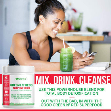GoBiotix Super Greens Powder N Super Reds Powder NonGMO Vegan Red and Green Superfood Probiotics Enzymes Organic Whole Foods Fruit and Veggie Supplement Pomegranate Raspberry 60 Servings