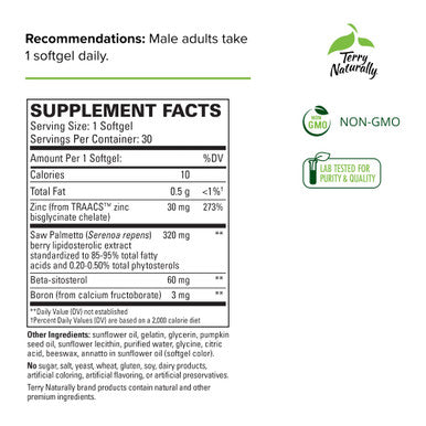 Terry ly Healthy Prostate - 30 Softgels - Supports Healthy Urinary Function - with Saw Palmetto, Zinc, Beta-sitosterol & Boron - Non-GMO, - 30 Servings