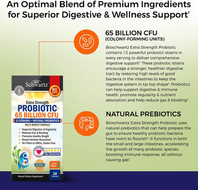 Probiotic 65 Billion Probiotics with Prebiotic for Women Men Lactobacillus Acidophilus Digestive Health Capsules Targeted Release Technology Shelf Stable Supplement NonGMO Dairy 30ct