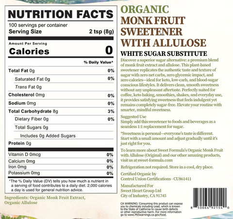 Sweet Formula Original Organic Monk Fruit Sweetener With Allulose, White Sugar Substitute From Monk Fruit Extract for Baking, Coffee & Tea, Gluten Free, Zero Calorie, Low Carb, Non GMO, Keto (1.76 lb)