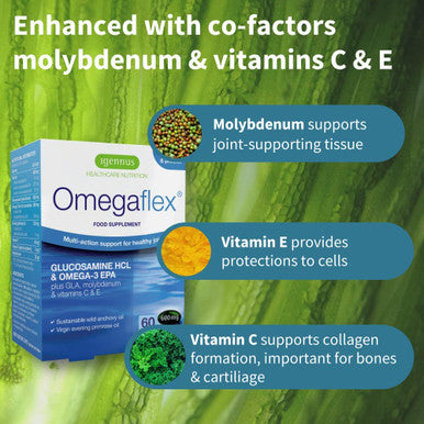 Omegaflex Glucosamine with High Strength Fish Oil, Virgin Evening Primrose Oil, Vitamin C & E, Joint Health Support, with Omega-3 & 6, 70% Concentration High EPA Fish Oil, 60 Softgels