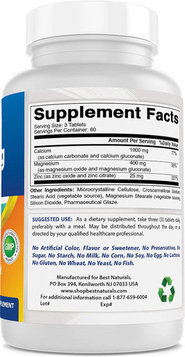Best Naturals 2 Packs - Calcium Magnesium Zinc - 180 Tablets - Essential Cal Mag Zinc Mineral Complex (Total 360 Tablets)