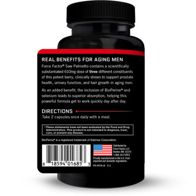 Force Factor Saw Palmetto for Men, Saw Palmetto Extract for Prostate Health, Urinary Function, & Hair Growth, Fast-Acting Formula with BioPerine for Superior Absorption, 60 Capsules