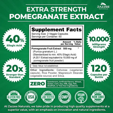 Zazzee Extra Strength Pomegranate 20:1 Extract, 40% Ellagic Acid, 500 mg, 120 Vegan Capsules, Immune and Antioxidant Support, Non-GMO and All-Natural