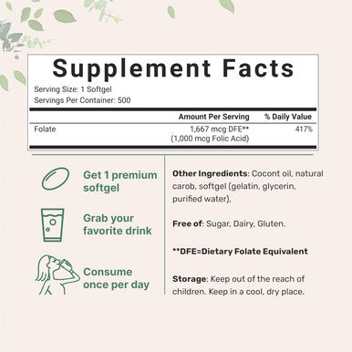 Micro Ingredients Folic Acid 1000 mcg 500 Coconut Oil Softgels (1mg) | Essential Prenatal Vitamins (Vitamin B9) | 1667 mcg DFE | Third Party Tested No Artificial Colors or Flavors | Non-GMO Gluten