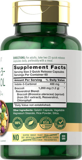 Carlyle Indole-3-Carbinol (I3C) 400mg | 120 Capsules | Advanced Formula with Broccoli Extract | Non-GMO Gluten