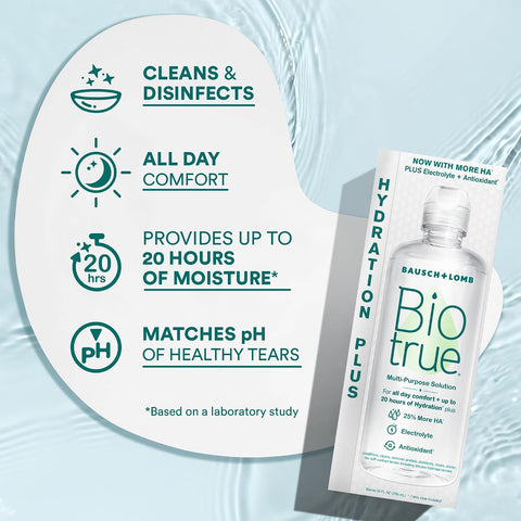 Biotrue Hydration Plus Contact Lens Solution Multi-Purpose For Soft Lenses Hydrates With Hyaluronan Cleans Clears And Disinfects For All-Day Comfort 4 Fl Oz (Pack Of 1)