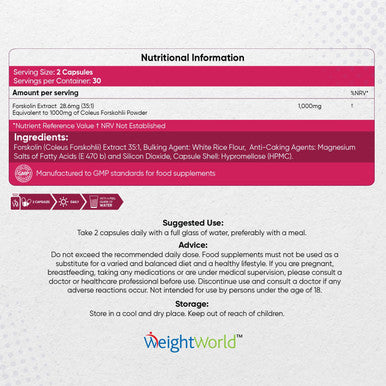 Weightworld Forskolin Capsules 1000mg - 60 Vegan Capsules - Helps You Feel Lighter - Coleus Forskohlii Extract - Keto & Low Carb Diet Friendly Supplement for Men & Women - Allergen- & GMO-