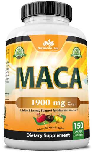 NaturaLife Labs Organic Maca Root Black Red Yellow 1900 MG per Serving - 150 Vegan Capsules