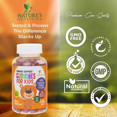 Kids Immune Support Gummies with Vitamin C, Echinacea and Zinc - Children's Immune Support & Vitamin C Gummy, Tasty Natural Fruit Flavor, Vegan, Non-GMO, Nature's Immune Supplement - 120 Gummy Bears