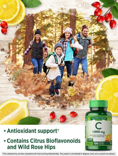 Vitamin C Bioflavonoids & Rose Hips | 1000mg | 100 Caplets | Vegetarian, Non-GMO, Gluten | by Nature's Truth