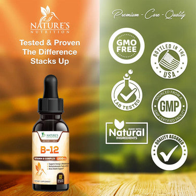 Nature'S Nutrition Vitamin B 12 Complex Drops 1200 mcg Fast Absorption Liquid B12 Support for Energy Nerves & Immune Health Methyl B Methylcobalamin Supplement Vit B Complex Vitamins for Women & Men Vegan - 2 Fl Oz