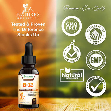 Vitamin B12 1200 Mcg - Sublingual Liquid Drops Extra Strength Energy Support - Nature's Fast Acting B-12 Methylcobalamin Supplement Raspberry Flavor, Non-GMO & Gluten-Free - 2 Fl Oz