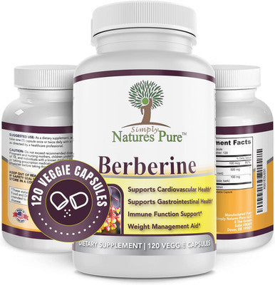 Simply Natures Pure Premium Berberine HCl 500mg - 120 Capsules Cardiovascular Gastrointestinal Immune Support Chromium Cinnamon