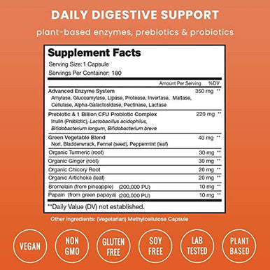 Digestive Enzymes with Probiotics and Prebiotics | 180 Servings Vegan Digestion Supplement with Bromelain | Bloating Relief for Women & Men | Relieve Constipation Gas IBS Lactose Intolerance Pills