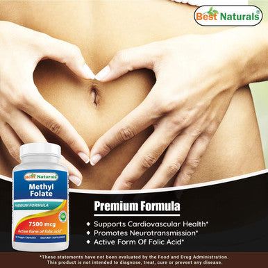 Best Naturals Methyl Folate 7500 mcg (7.5mg) (Most Bio-Available) Veggie Capsule - Supports Cell Formation Growth Function Brain Memory Cardiovascular Health 60 Count