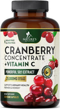 Nature'S Nutrition Cranberry Extract Pills + Vitamin C (25000mg Formula) - Natural Urinary Tract Health Support with Cranberry Supplement for Women & Men - Nature's Non-GMO Gluten - 120 Capsules