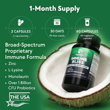 Immune Bliss - Broad Spectrum Daily Wellness Support For Seasonal Sickness L-Lysine Monolaurin Probiotic Prebiotic Blend Provides Natural Defense Vegan Vegetarian Non-Gmo 60 Capsules