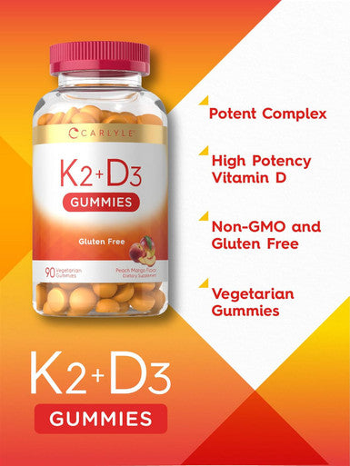 Carlyle Vitamin D3 K2 Gummies | 90 Count | 5000 IU of D3 + 100 mcg MK7 | Vegetarian Non-GMO and Gluten Vitamin Supplement