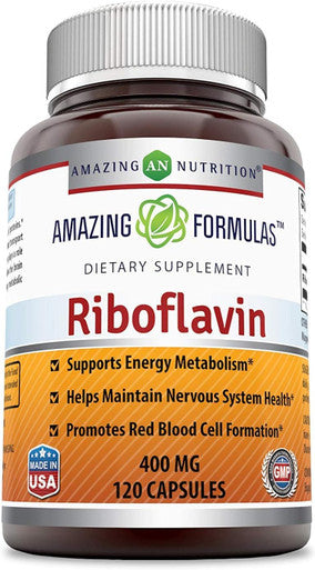 Amazing Nutrition Formulas Riboflavin 400 mg Capsules | Vitamin B2 Supplement | Non-GMO | Gluten | Made in USA (120 Count | 3 Pack)