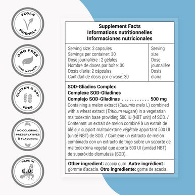 Supersmart SODGliadins Complex 500 mg Per Day Melon Extract Powerful Antioxidant Supplement Immune System Booster Help Protect Tissues Cells NonGMO 60 Vegetarian Capsules