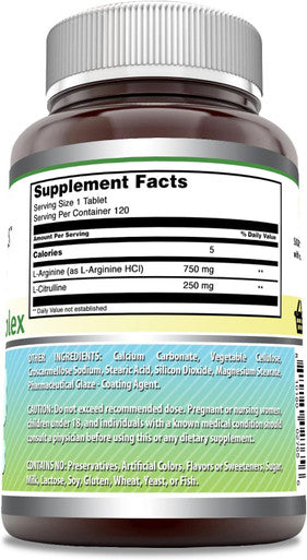 Amazing Nutrition Formulas L-Arginine/L-Citrulline Complex 1000mg 120 Tablets Supplement| Non-GMO | Gluten | Made in USA