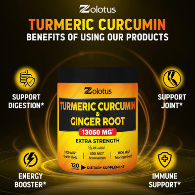 6 in 1 Turmeric Curcumin + Ginger Capsules, 95% Curcuminoids, Equivalent to 13050mg, with Ginger, Garlic Bulb, Bromelain, Moringa, Black Pepper, Joint Inflammatory & Absorption Support