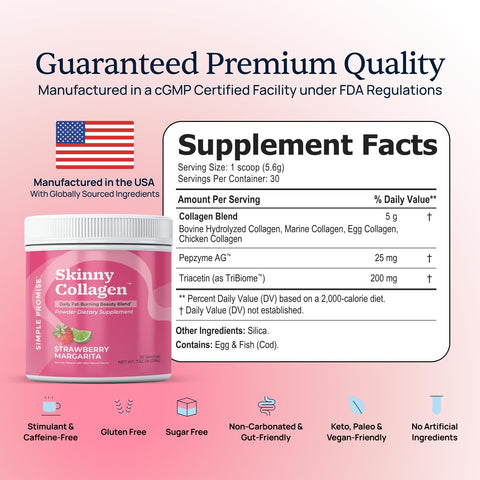 Skinny Collagen Weight Loss Supplement - Hydrolyzed Multi-Collagen Peptides Powder Drink - Types I Ii Iii V X - Supports Fat Burning & Weight Goals For Women - 30 Servings - Strawberry Margarita