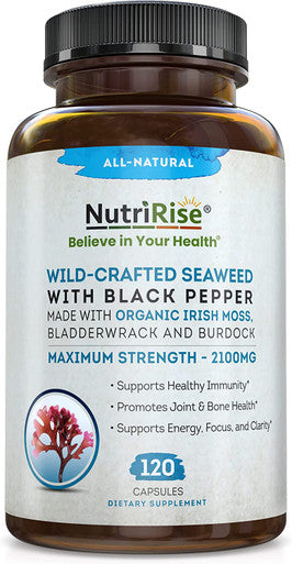 Organic Irish Sea Moss 2100mg With Bladderwrack & Burdock 120 Capsules For Immune System, Hair Skin & Nails, Thyroid, Colon Cleanse Keto Detox, Digestive & Joint Support, Prebiotics, Vitamins & Iodine