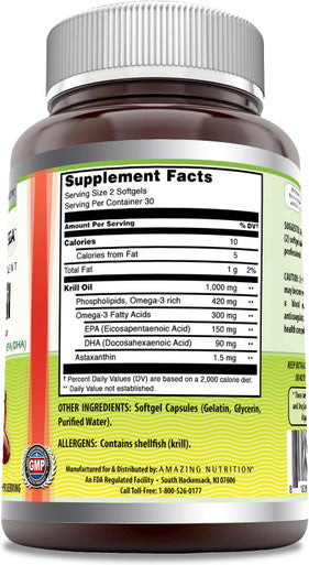 Amazing Nutrition Omega Krill Oil with Omega 3s EPA DHA Phospholipids and Astaxanthin 1000mg per Serving 60 softgels Supplement | Non-GMO | Gluten