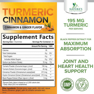 Nature'S Nutrition Turmeric Curcumin Gummies 95% Curcuminoids with Cinnamon Ginger & Black Pepper Extract for Max Absorption Joint Support Supplement Nature's Herbal Turmeric Gummy Pills Vegan Non-GMO - 60 Gummies