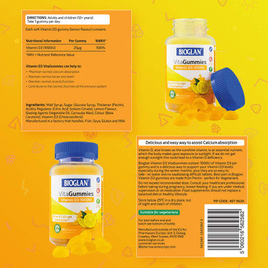 Bioglan Vitagummies | High Strength Vitamin D3 | Vegetarian Friendly | Delicious lemon flavour | 60 Chewy Gummies