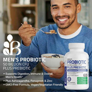 Bronson Men'S Probiotic 50 Billion Cfu Plus Prebiotic With Ashwagandha, Fenugreek & Zinc, Supports Healthy Digestion & Immune Function Non-Gmo, 60 Vegetarian Capsules