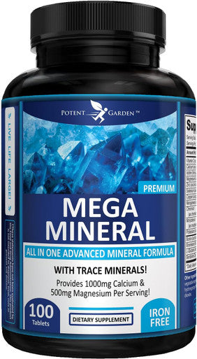 Potent Garden Mega Mineral Supplement Complete Mineral Complex With Calcium Magnesium Zinc Potassium Boron Selenium Chromium & 72 Trace Minerals Iron Calcium Supplement -100 Pills