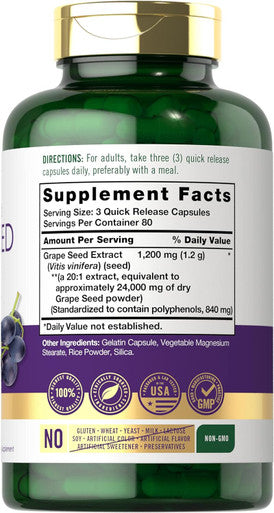 Carlyle Grape Seed Extract 24000 mg Equivalent 240 Capsules | Maximum Strength Standardized Extract | Non-GMO Gluten