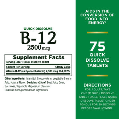 Nature's Bounty Vitamin B12 2500mcg 75 Tablets