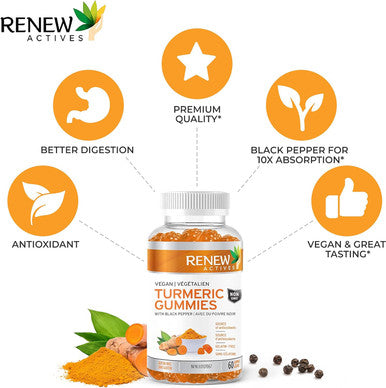 Renew Actives Turmeric Gummies - Antioxidant-Rich Formula With Black Pepper For Enhanced Wellness & Vitality | Easy-To-Swallow - 60 Gummies