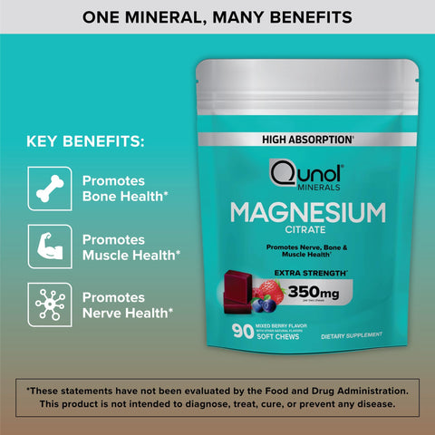 Qunol Magnesium Citrate Soft Chews 350mg Extra Strength Magnesium Supplement High Absorption to Support Nerve Bone and Muscle Health 90 Count
