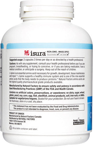 Natural Factors LLysine 500 mg 180 Vegetarian Capsules