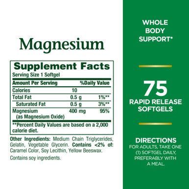 Nature's Bounty Magnesium Whole Body Support Supports Heart Nerve And Bone Health. 400 Mg 75 Softgels