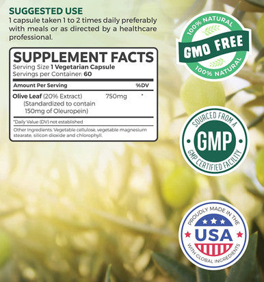 Olive Leaf Extract NonGMO Super Strength 20 Oleuropein 750mg Vegetarian Immune Support Cardiovascular Health Antioxidant Supplement No Oil 60 Capsules