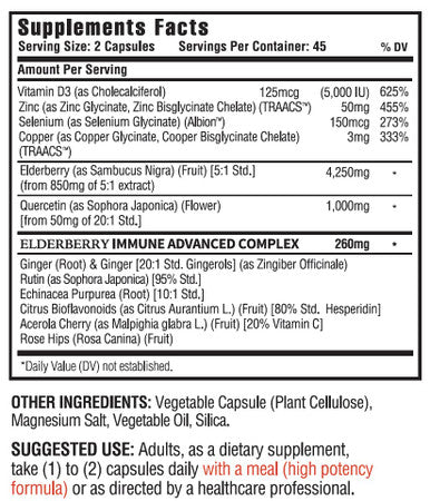 (90 Capsules), Quercetin 1,000mg, Elderberry 4,250mg, Zinc 50mg, Vitamin D3 5,000iu, Selenium, Copper, Acerola, Ginger, Rutin, Bitter Orange, Rose Hips, Echinacea, 12 in 1 Immune Advanced Complex.