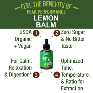Usda Organic Lemon Balm Tincture. Liquid Organic Lemon Balm Oil Drops Supplement For Relaxation, Calm, Digestion. Vegan Leaf Extr