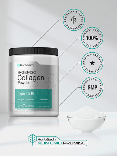 Hydrolyzed Collagen Powder 7oz | Type I and III | Multi Collagen Peptides | Keto & Paleo Friendly | Unflavored & Gluten Free | by Horbaach
