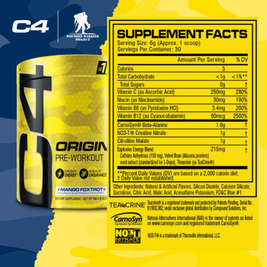 C4 Original Pre Workout Powder Mango Foxtrot Sugar Free Preworkout Energy for Men & Women 150mg Caffeine + Beta Alanine + Creatine - 30 Servings