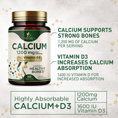 Calcium 1200 Mg With Vitamin D3, Calcium Supplement Vitamins, Supports Bone Strength, Teeth & Immune System, Calcium Supplements For Women & Men, Nature'S Absorbable Calcium Carbonate - 240 Tablets