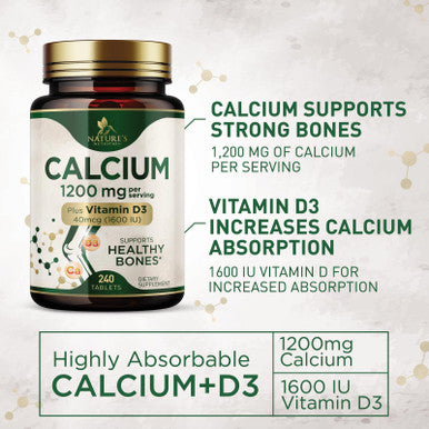 Nature'S Nutrition Calcium 1200 mg with Vitamin D3 Calcium Supplement Vitamins Supports Bone Strength Teeth & Immune System Calcium Supplements for Women & Men Nature's Absorbable Calcium Carbonate - 240 Tablets